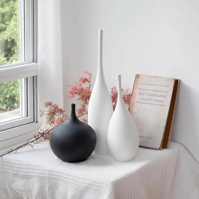 Relexome White Ceramic Vase Modern Wabi-Sabi Black Flower Vase Set of 3 Decorative Aesthetic Vases for Centerpieces Pampas Matte Minimalist Vases for Living Room Table Shelf Home Decor Gift - Image 6