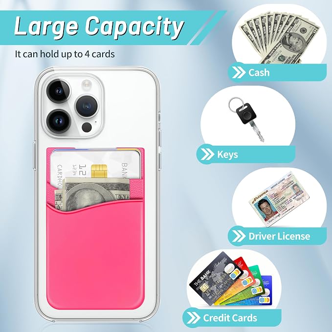 SHANSHUI Card Holder for Phone, Silicone Sticky Wallet Pocket Sleeve Pouch Stick on ID Credit Card for All Smartphonest - 5 Pack Light Pink Red Pink Rose Orange - Image 3