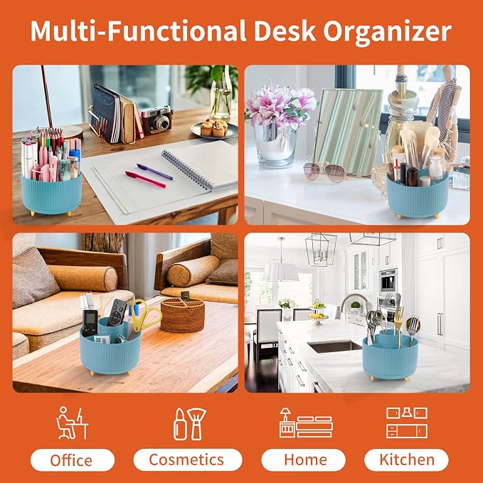 Desk Pencil Pen Holder, 5 Slots 360°Degree Rotating Organizers for, Desktop Storage Stationery Supplies Organizer, Cute Cup Pot Office, School, Home, Art Supply, Blue - Image 5