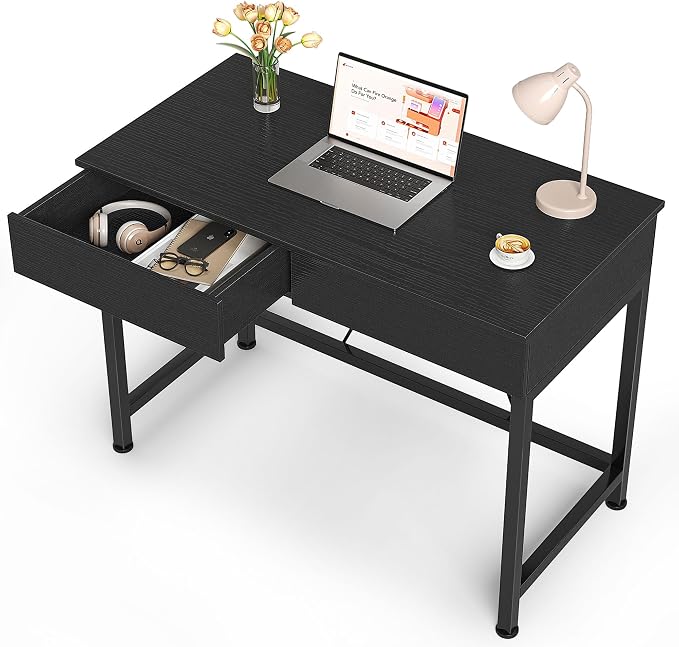 Mexin Small Black Desk with 2 Wooden Drawers, 40 Inch Home Office Writing Desk, Black Vanity Desk with Storage, Computer Desk for Bedroom Small Spaces, Table for Office, Work, Kids Study, Makeup by Mexin