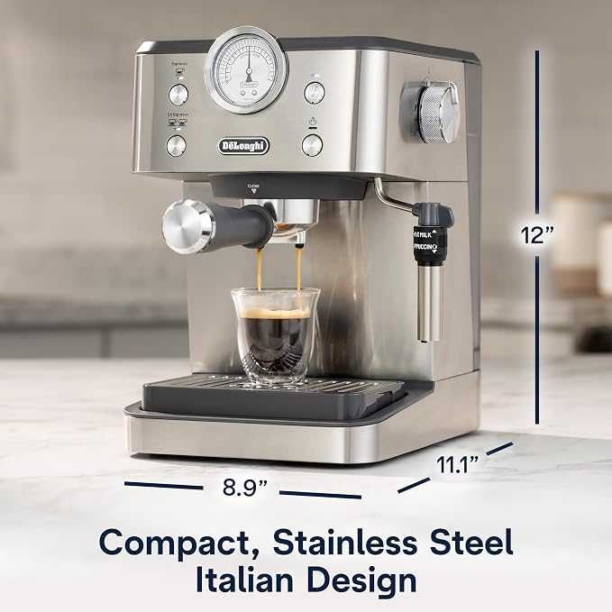 De'Longhi Classic Signature Espresso Machine, Adjustable Milk Frother | #1 Worldwide Espresso Machine Maker, Rapid Heat-Up, Preset Single & Double Espresso, Frother, Pressure Gauge, Compact Design - Image 3
