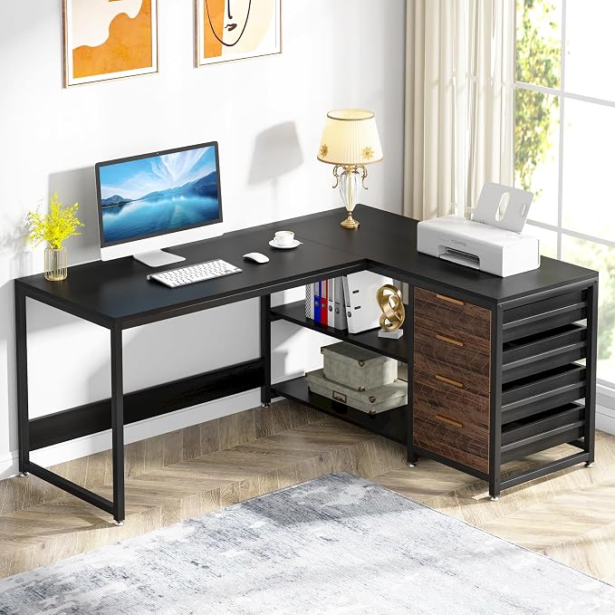 Tribesigns L Shaped Computer Desk with Storage Drawers, 59 inch Corner Desk with Shelves, Reversible L-Shaped Office Desk Study Writing Table Workstation for Home Office, Black by Unknown
