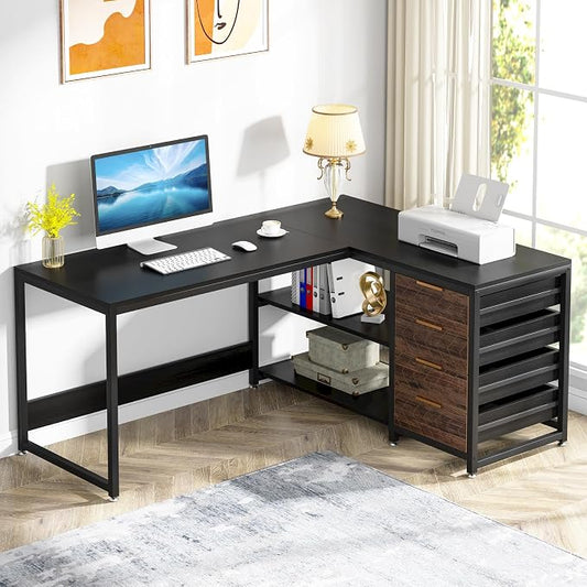 Tribesigns L Shaped Computer Desk with Storage Drawers, 59 inch Corner Desk with Shelves, Reversible L-Shaped Office Desk Study Writing Table Workstation for Home Office, Black by Unknown