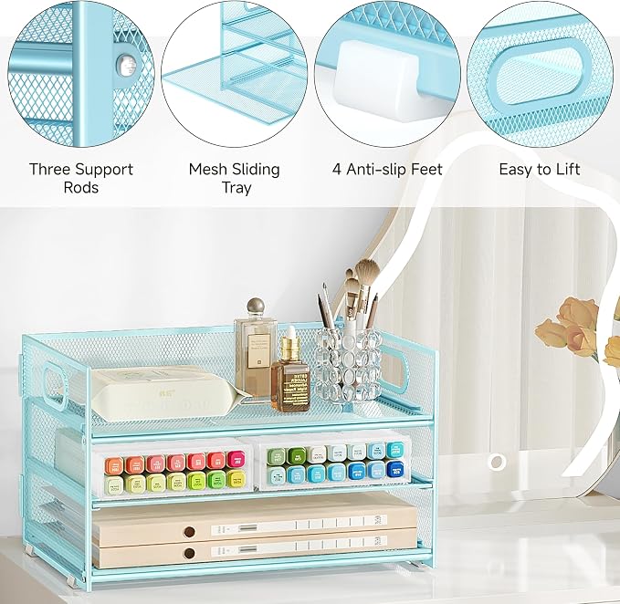 Subekyu 3 Tier Paper Desk Organizer with Handle and 1 PC Slideable Letter Tray, A4 Paper File Folder Sorter Metal Mesh Organizer for Home Office School Desk Supplies Organization Storage, Blue - Image 5