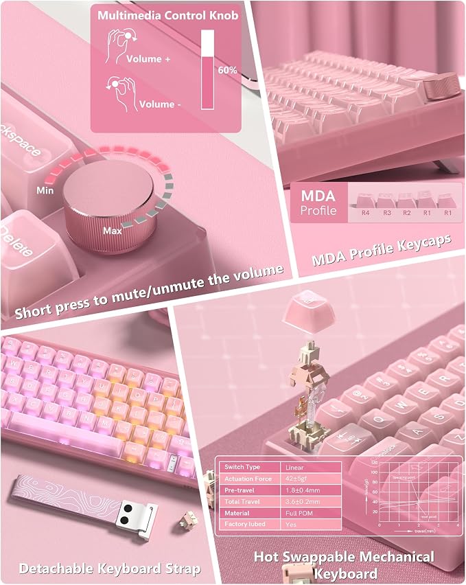 Womier 60% Keyboard QMK/VIA, Pink Gaming Mechanical Keyboard Creamy | Hot Swappable Gasket Mount RGB Wired Jade Keyboard, Jelly Keycaps POM Linear Switch for Windows/MAC(VK66 PRO Jelly) - Image 4
