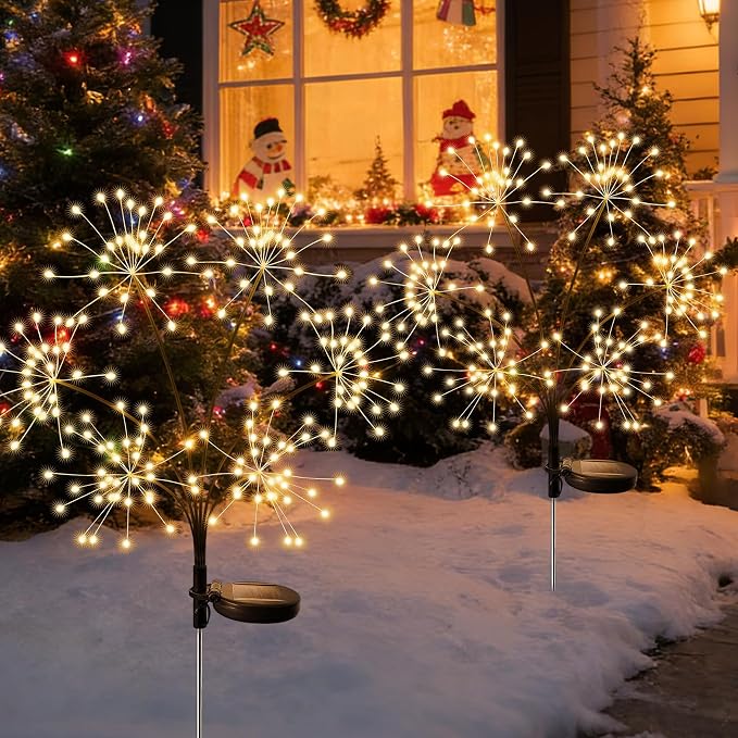 JJGoo 2 Pack Solar Garden Lights Outdoor Waterproof, New Upgraded 6 Branches Firework Starburst Lights with 2 Modes, Solar Fairy Lights for Yard Garden Patio Pathway Party Decor - Warm White - Image 6