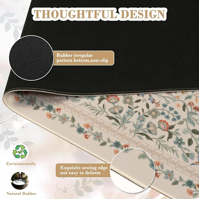 iCasso Aesthetic Desk Mat,31.5x11.8in Mouse Pads,Beige Floral | Anti-Slip Mousepad with Stitched Edges, Waterproof Computer Pad, Desk Accessories Office Decor for Women - Image 4