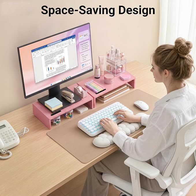 BONTEC Monitor Stand Riser with Cellphone Holder & Cable Management | 16.7 Inch Wood Monitor Riser Stand, Desktop Stand for PC/TV/Laptop/Printer, Pink - Image 8