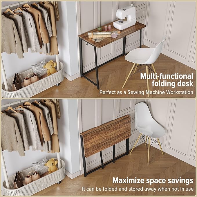 WOHOMO Folding Desk, 39.4" Foldable Computer Table for Small Spaces, Walnut | Easy Assembly and Fold, Sturdy Home office desks for Study Bedroom Dorm Space Saving Writing Work Apartment - Image 4