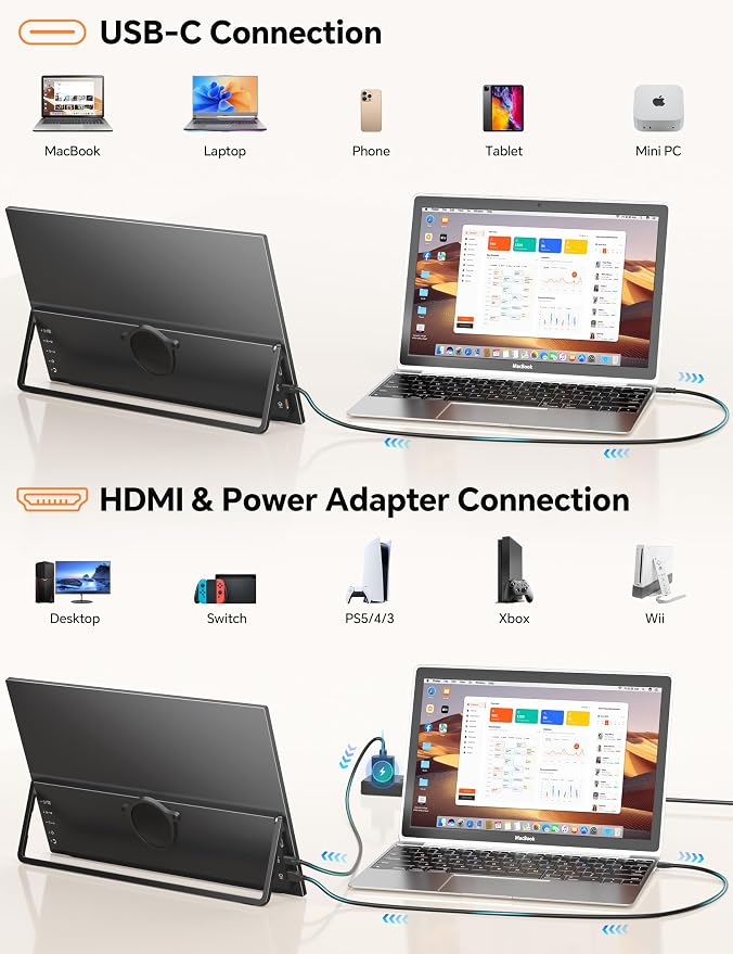 HotYeah Travel Portable Monitor with Stand, w/Magnetic Stand & Speaker | 15.6" 1080P 125% sRGB USB-C HDMI HDR External Display, 2nd Screen for Laptop MacBook Computer Phone Tablet Switch PS5 Xbox - Image 5