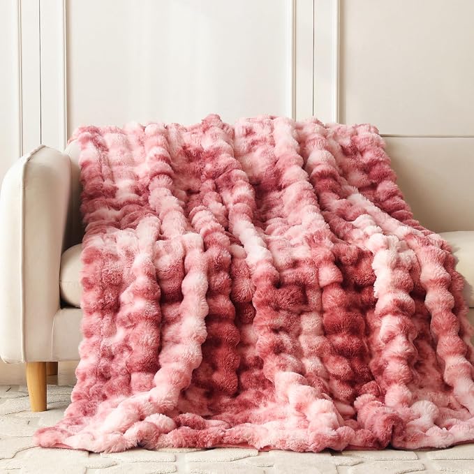 COOVA Faux Fur Throw Blanket for Couch, Cozy Soft and Fuzzy Plush Rabbit Fur Bubble Blanket for Sofa Bedroom Living Room, 60x80 Inches Tie Dye Magenta - Image 2