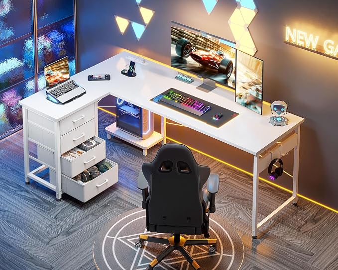 AODK 61" L Shaped Gaming Desk with 4 Drawers and Power Outlets, White | USB Ports, PC Tower Stand, Hooks, Reversible Corner Layout for Gaming Rooms, Bedrooms and Home Office - Image 9