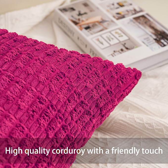 Aegero Pack of 2 Corduroy Decorative Throw Pillow Covers 18x18 InchSoft Boho Striped Pillow Covers Modern Farmhouse Home Decor for Sofa Living Room Couch Bed（Rose Red） - Image 2