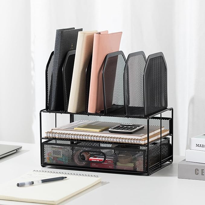 Amazon Basics Mesh Desk Organizer with Sliding Drawer, Double Tray and 5 Upright Sections, File Holder for Office Supplies, Paper Letter Tray, Black - Image 5