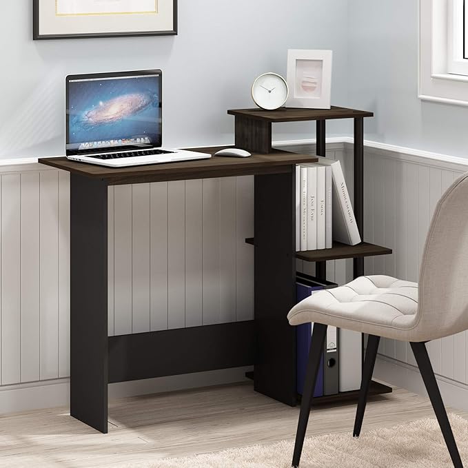 Furinno Efficient 29-Inch Brown Computer Desk, Office Desk with 3 Side Shelves, Rectangular Home Office Desk, Gaming Desk for Home Office, Bedroom, Study Room, Brown Walnut by Furinno-FitsYourSpaceFitsYourBudget