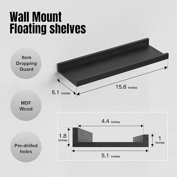 RICHER HOUSE 3-Set Floating Shelves with Lip, Black Small Wall Shelf, 16In | Display Picture Ledge Shelf, Anti-drop lip Shelf for Room Wall Decor, Bedroom Bathroom Storage Nursery Books, Easy Setup,Wood - Image 3