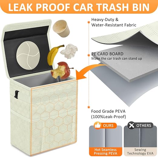 Vankor White Car Trash Can Cute, White Car Accessories for Women Waterproof Automotive Garbage Cans Leak Proof Vehicle Trash Can Diamond Pattern-Beige - Image 3