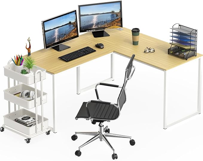 SHW Mission 55 x 60 L-Shape Home Office Computer Desk, Oak | Reversible Desktop Design - Image 5