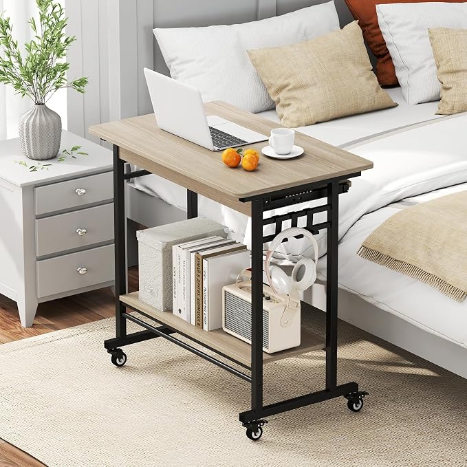 Tangkula Rolling Computer Desk Cart with Keyboard Tray, Mobile Portable Laptop PC Desk with CPU Stand & 3 Hooks for Sofa & Bed, Compact Small Desk on Wheels for Small Spaces (Grey) - Image 4
