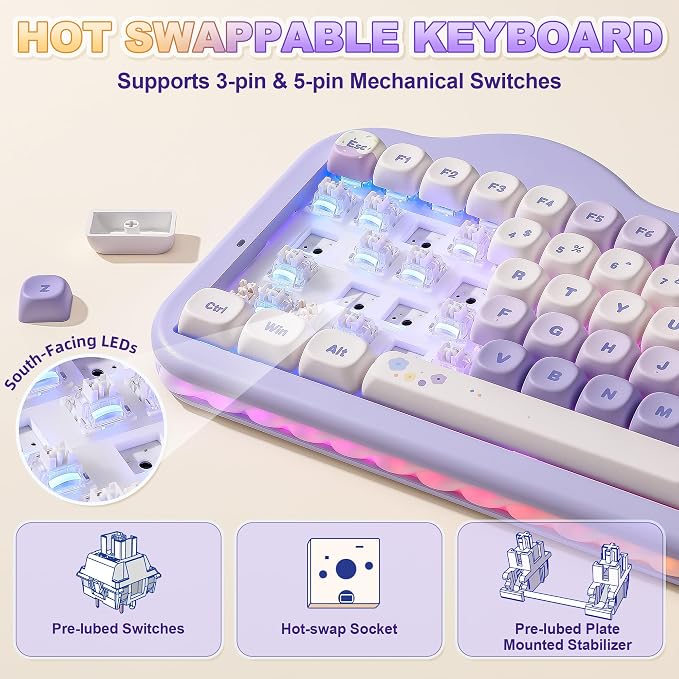 YUNZII C75 Cute 75% Wireless Mechanical Keyboard (Purple, Milk V2 Switch) | Creamy Cake Keyboard, BT5.0/2.4G/USB-C, Hot-Swap, NKRO, PBT MOA Keycaps,5500mAh RGB Gasket Mount for Mac/Win/Gaming/Office - Image 5