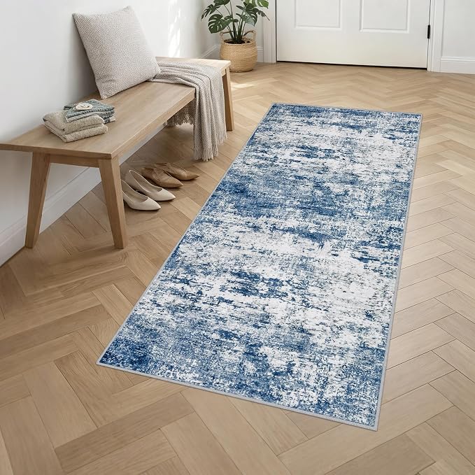 Washable Area Rug 3x8 Entryway Rug: Washable Modern Abstract Soft Thin Rug Indoor Floor No Slip Stain Resistant Carpet for Bedroom Dining Room Farmhouse Nursery Home Office - Blue - Image 3
