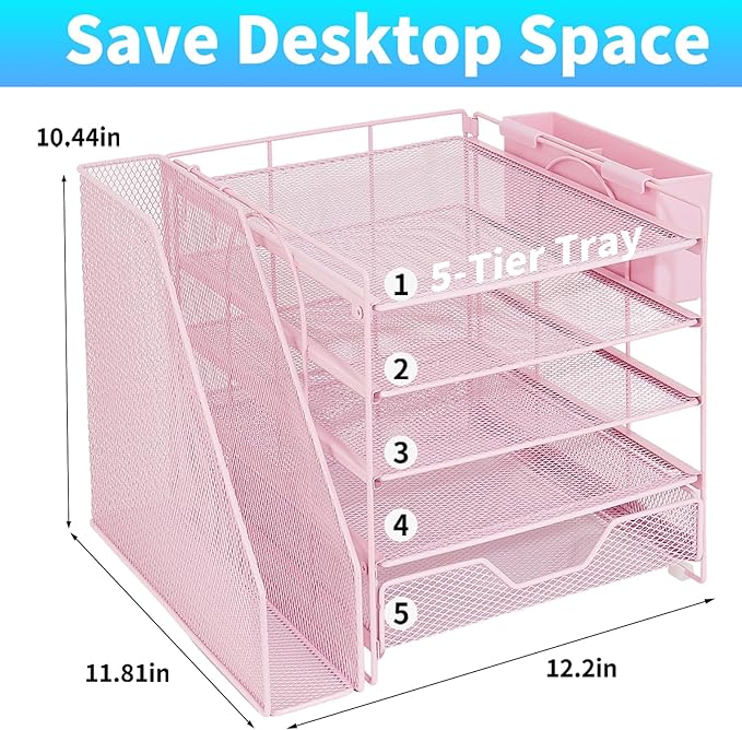 Desk Organizers and Accessories, 5-Tier Paper Letter Tray Organizer with File Holder, Drawer & Pen Holder, Office Desk Accessories, Desktop Organizer for Classroom Office Supplies, Pink - Image 2