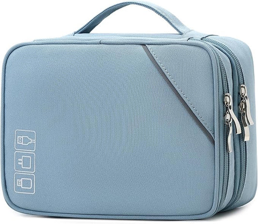 Lanola Custom Personalized Travel Cable Organizer Bag, Electronic Accessories Case Portable Double Layer Cable Storage Bag with DIY Dividers & Custom Photo Text - Light blue by Lanola