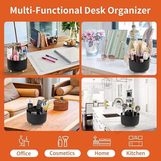 Desk Pencil Pen Holder, 5 Slots 360°Degree Rotating Pen Organizers for Desk, Desktop Storage Stationery Supplies Organizer, Cute Pencil Cup Pot for Office, School, Home, Art Supply, Black - Image 5