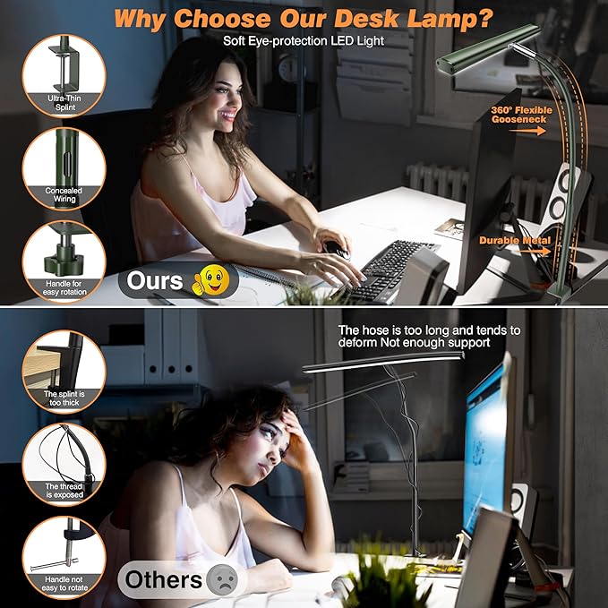 Airlonv LED Desk Lamp for Office Home, Eye-Caring Desk Light with Stepless Dimming Adjustable Flexible Gooseneck, 10W USB Adapter Desk Lamp with Clamp for Reading, Study, Workbench (Green) - Image 4