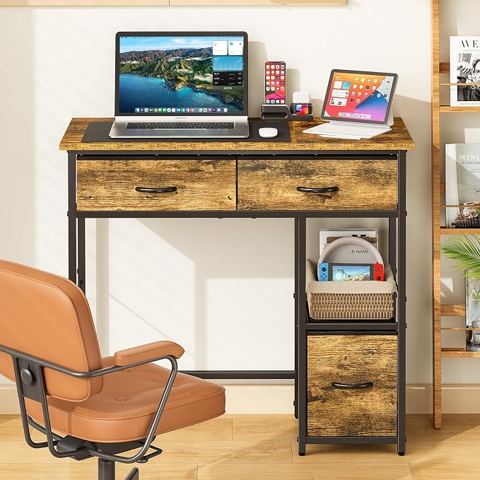 3IngSeagulls 33 Inch Small Computer Desk with Fabric Drawers, Home Office Desk with Storage Shelf, Compact Desks for Small Spaces, Teen Study Table for Bedroom, Rustic Brown by 3IngSeagulls