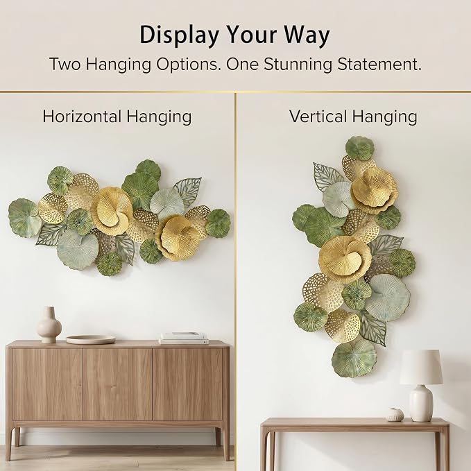 Axioglo 51" Large Wall Decor 3D Lotus Leaf Metal Wall Art for Living Room | 51" x 26" metal wall decor with layered metal texture, mounting hardware, two-way display - Image 5
