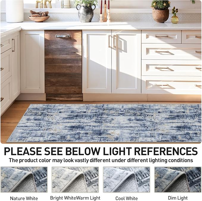 2'6''x8' Runner Rugs Washable Rug: Modern Abstract Hallway Runner Rug Indoor Soft Low Pile Thin Carpet Anti-Skid Non-Shedding Carpets for Kitchen, Entryway, Laundry, Bedroom - Blue Gold - Image 2