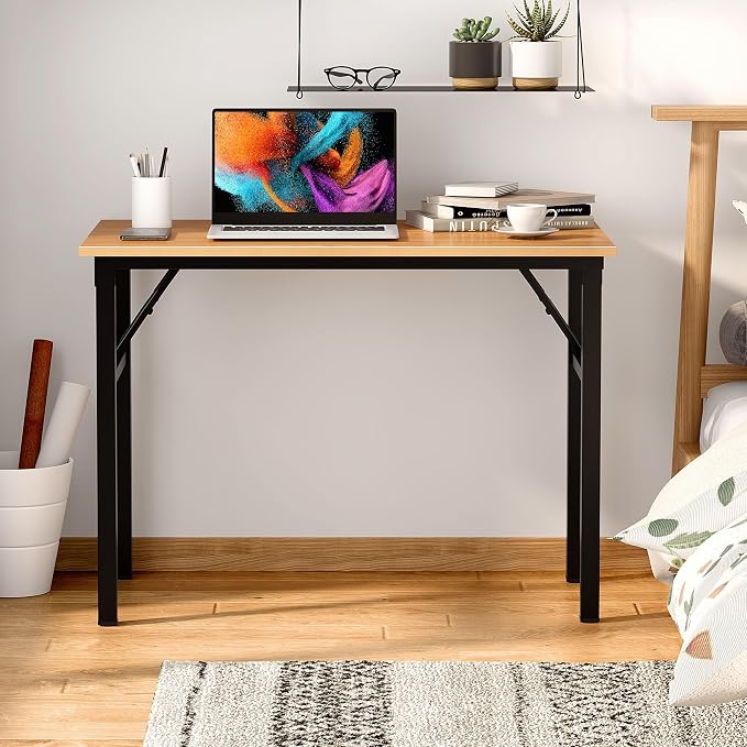 Need Office Computer Desk 39.3 Inch Sturdy Folding Laptop Table Teak | Black Frame Writing Gaming Work Table/Foldable Home Office Desk/Sewing Table, No Assembly Required - Image 2