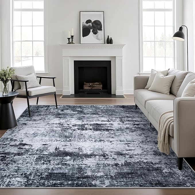 5x5 Area Rug Living Room Rug: Washable Modern Abstract Soft Thin Rug Indoor Floor No Slip Stain Resistant Carpet for Bedroom Dining Room Farmhouse Nursery Home Office - Black by FXRHLP