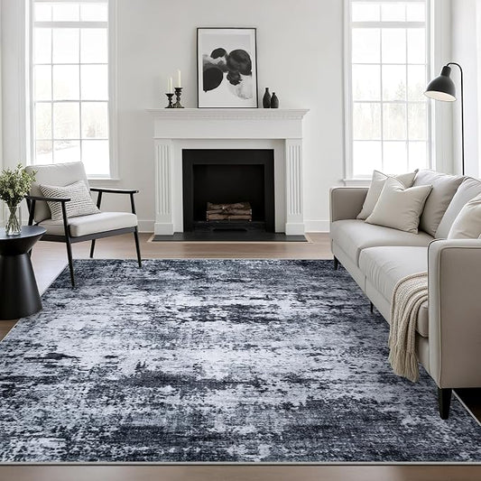 8x8 Area Rug Living Room Rug: Washable Modern Abstract Soft Thin Rug Indoor Floor No Slip Stain Resistant Carpet for Bedroom Dining Room Farmhouse Nursery Home Office - Black by FXRHLP