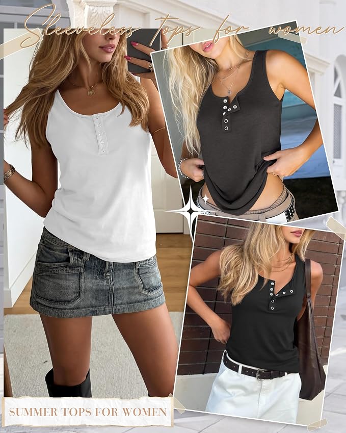 Ficerd 3 Pack Women's Henley Tank Tops Sleeveless Button Down Summer Shirts 2026 Casual Trendy Loose U Neck Tee Blouses - Image 2