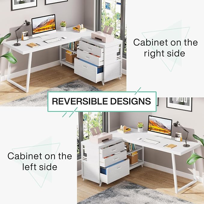 Tribesigns L-Shaped Computer Desk with 3 Drawers, Reversible Corner Home Office Desk with Shelves, 53-Inch Industrial PC Desk Study Writing Table Workstation for Small Space, White - Image 5