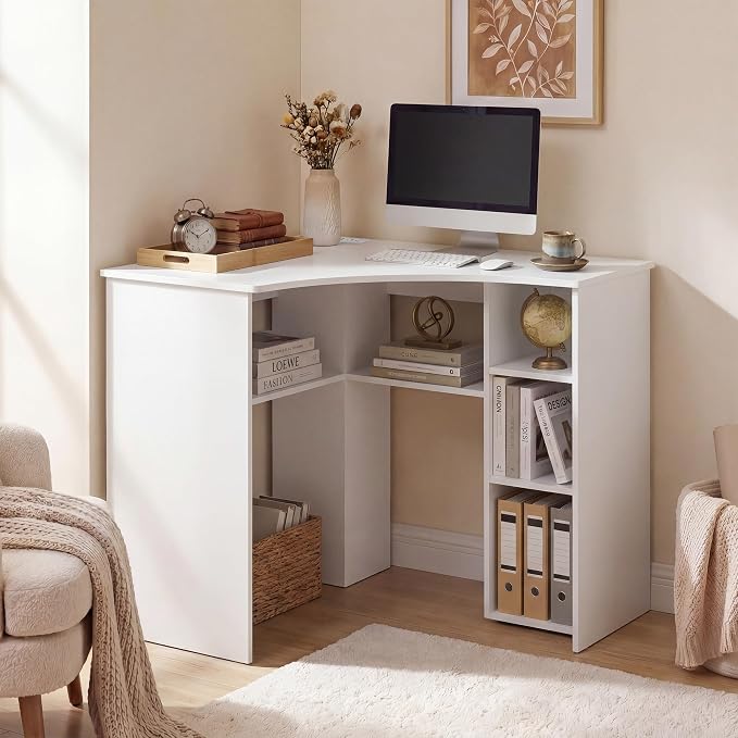 GOFLAME White Corner Desk with Charging Station, Small Corner Desk with Storage Shelves, Triangle Computer Desk, Study Writing Table for Home Office, Small Spaces - Image 8