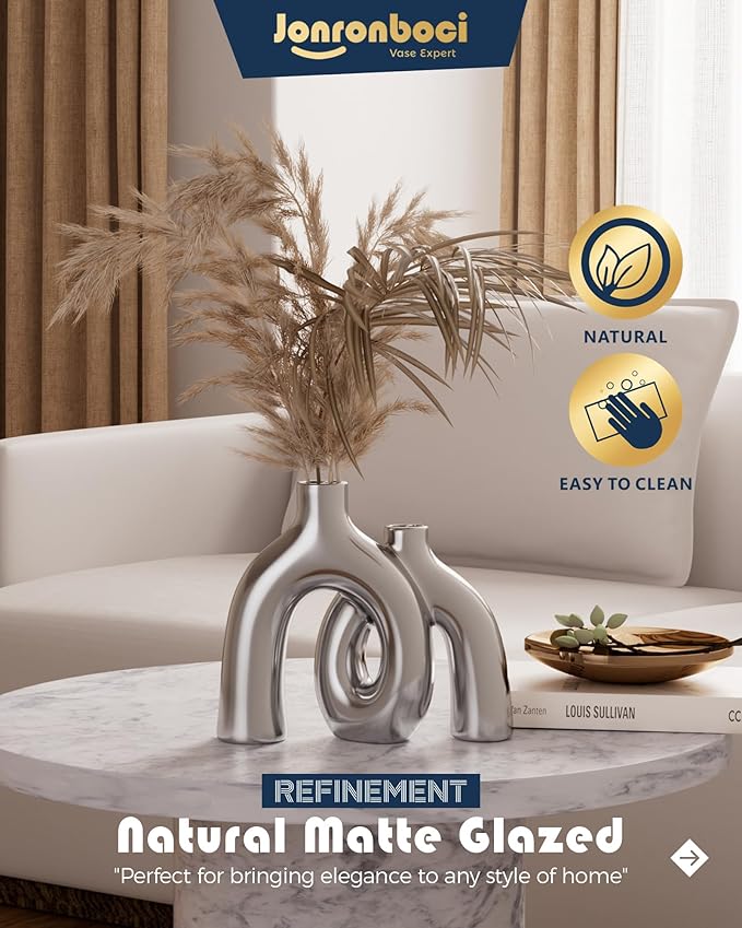 Hug Donut Decorative Vase Set - Silver Vase, Modern Nordic Boho Style Vases Home Decor, Matte Ceramic Decorations for Living Room Shelf, Bookshelf Mantle Entryway Table or Console Décor (Silver) - Image 4