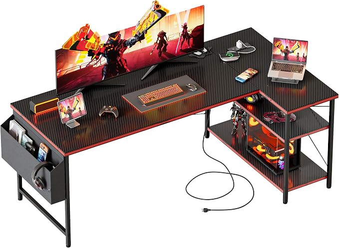 Mericonia 55 inch L Shaped Gaming Desk, Large Corner Desk with Shelves | Reversible Computer Desk with Power Outlets & Storage Bag, Office Table for Home Bedroom Study Work Writing by MERICONIA