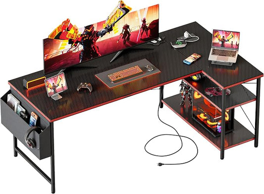 Mericonia 55 inch L Shaped Gaming Desk, Large Corner Desk with Shelves | Reversible Computer Desk with Power Outlets & Storage Bag, Office Table for Home Bedroom Study Work Writing by MERICONIA