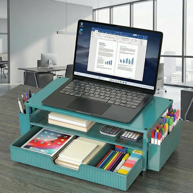 ECOLOVI Desk Organizer and Accessories, 2-Tier Computer Monitor Stand Rise with Storage Drawer & 2 Pen Holders, Laptop & Printer Stand for Desktop, Workspace Organizers for Office Supplies (Blue) - Image 6