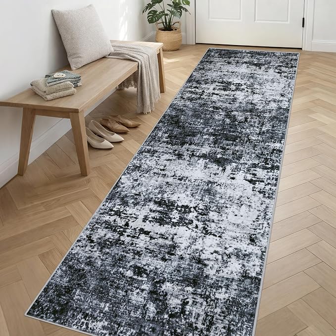 Washable Area Rug 3x14 Entryway Rug: Washable Modern Abstract Soft Thin Rug Indoor Floor No Slip Stain Resistant Carpet for Bedroom Dining Room Farmhouse Nursery Home Office - Black - Image 3