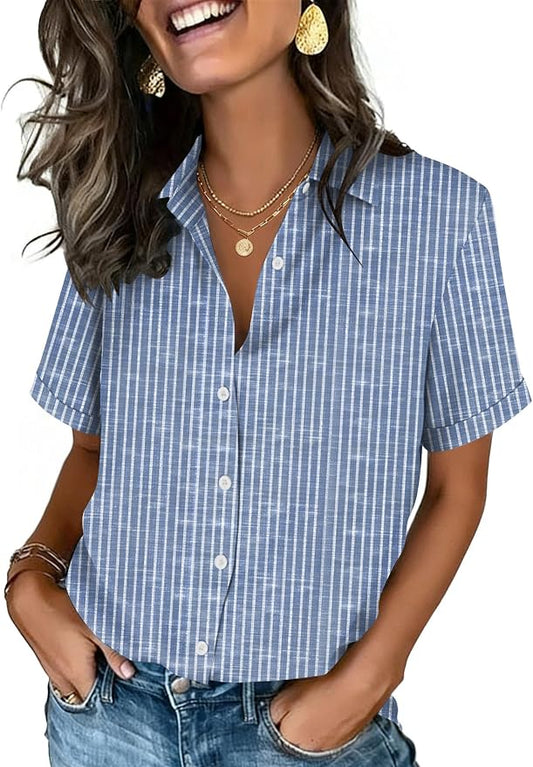 Zeagoo Button Down Shirts for Women Short Sleeve Collared Tops Dressy Casual V Neck Blouses by Zeagoo