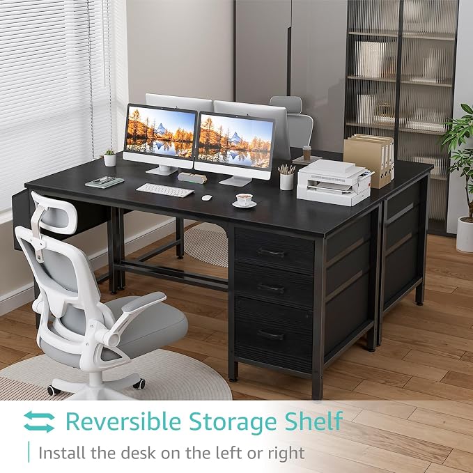 Lufeiya Computer Desk with Fabric File Drawers Cabinet, 55 Inch Reversible Home Office Desks with Filing Cabinet, Study Writing Table PC Desks with Storage for Bedroom, Black - Image 4