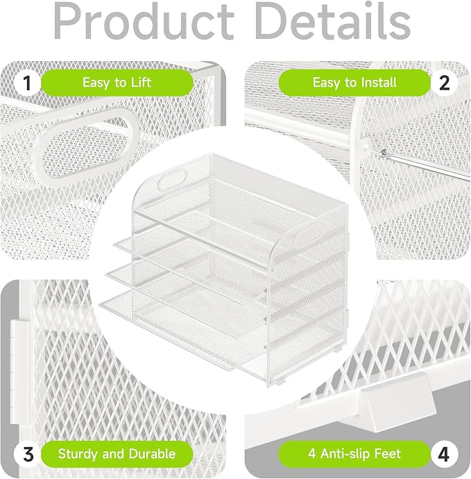 Cawukege 5 Tier Paper Organizer with Handle, White Metal Mesh Desk Organizer File Folder Paper Letter Tray Desktop Document Sorter for Classroom, School, Office Accessories Organization and Storage - Image 4