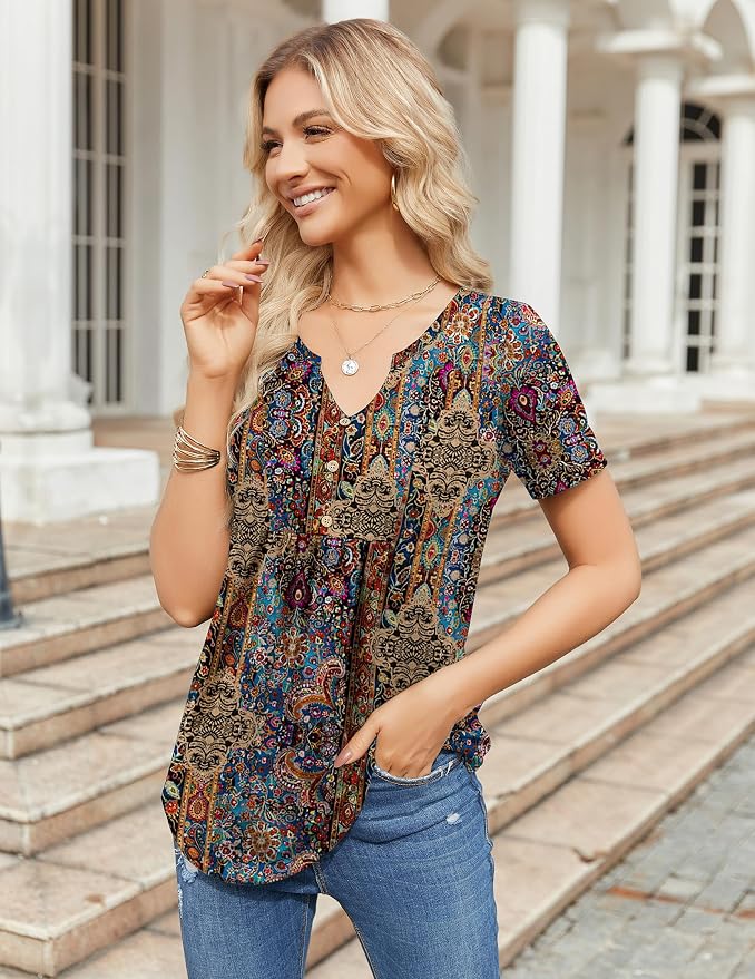 Zeagoo Womens Short Sleeve Tops Summer Henley V-Neck Tshirts Casual Pleated Blouse Dressy Loose Floral Basic Tee - Image 5