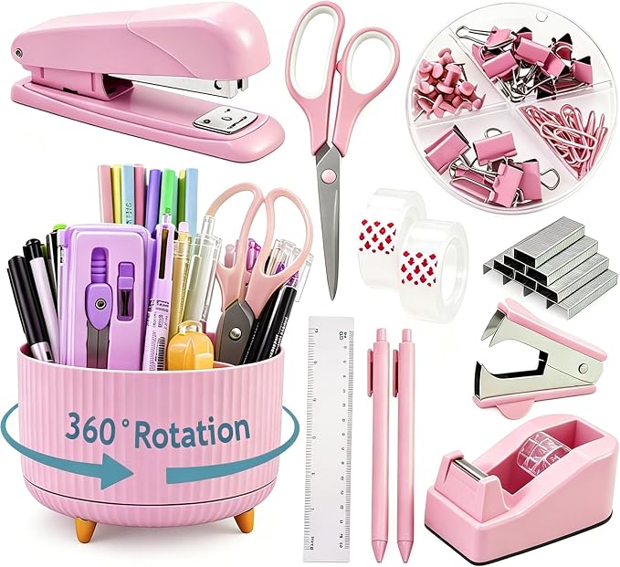 Gawsey Pink Desk Organizers and Accessories with Desk Organizer 360° Rotating Pen Holder and Office Supplies, Cute Stationery Supplies Set by Gawsey