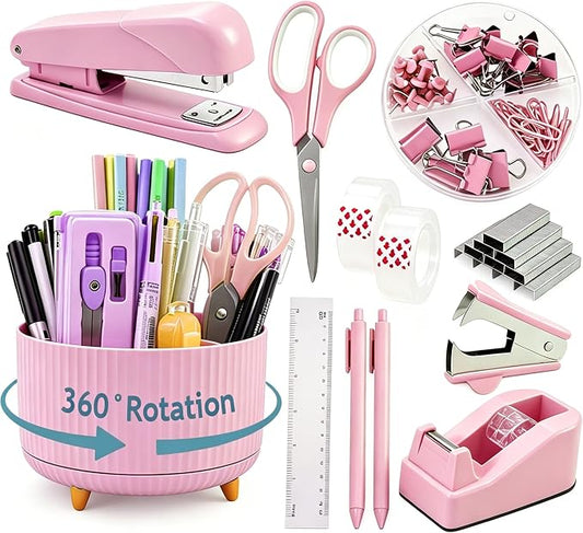 Gawsey Pink Desk Organizers and Accessories with Desk Organizer 360° Rotating Pen Holder and Office Supplies, Cute Stationery Supplies Set by Gawsey