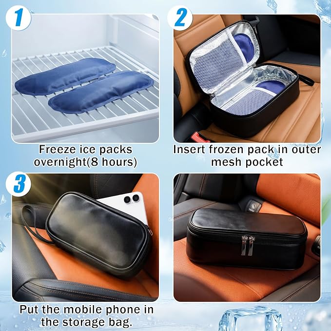 Phone Cooler Bag for Beach, Portable Phone Cooling Pouch with 2 Reusable Ice Packs, Keeps Cool in Extreme Heat for Car Pool Hiking, Extends Battery Life, Fits All Smartphones(Black,PU) - Image 4